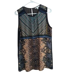 CAbi Mixed-Print Sleeveless Blouse in Black, Tan, Blue, Green